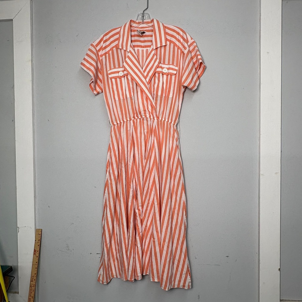 Vintage John Henry Orange White Striped Shirt Dress V-Neck Elastic Waist USA 80s